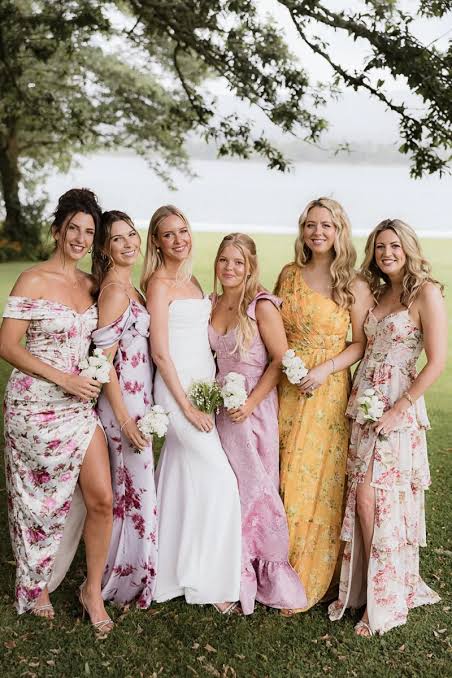 printed and blocked mismatched bridesmaid dresses