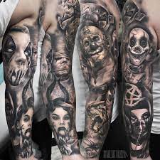 Arm tattoo designs for men. Horror Sleeve With Clowns Beasts Best Tattoo Ideas Designs Scary Tattoos Tattoos For Guys Badass Badass Tattoos