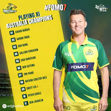 Introducing the Australia Champions (Playing XI) for the epic showdown  against South Africa! Led by the legendary Brett Lee (C) and backed by the  reliable Tim Paine (WK), this squad is packed