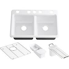 Kohler kitchen sinks farmhouse, cast iron. Kohler Riverby Undermount Cast Iron 33 In 5 Hole Double Bowl Kitchen Sink Kit In White With Accessories K Rh8679 5ua3 0 The Home Depot
