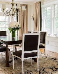 Dark Brown Velvet French Dining Chairs Sit On A Tan And Brown Wool Rug And Surround A Dark In 2020 French Dining Chairs Transitional Dining Room Dark Wood Dining Table