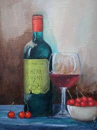 Wine Bottle Painting Wine Art 8x10 Inches Cherry Wine Bowl Of Cherries Still Life Wine Gift Minature Painting Acrylic Painting Ar Wine Art Painting Art