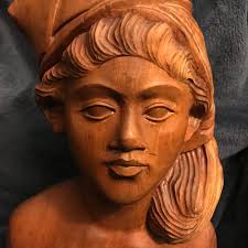 Carved Heavy Hardwood Sculptures South Pacific Man & Woman Busts Heads  Klungkung Bali Circa 1930s