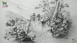 We should get a beautiful landscape in the end. How To Draw A Landscape With Waterfall With Pencil Pencil Art Youtube
