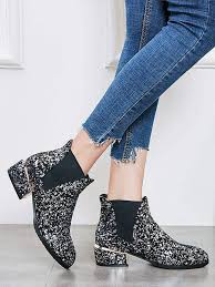 Boots et bottines femme 2019 : Chelsea Bottines Cheville Talon Carre Bout Rond Brillante Paillette Mode Femme Argent Noir Promotions