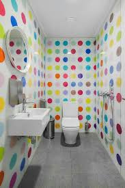 Maybe Just The Wall Behind The Toilet With Solid Colors Neutrals On The Other Walls And Some Artwo Office Bathroom Design Toilet Design Toilet Tiles Design
