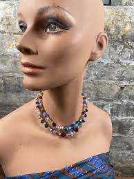 Very Pretty Vintage Two Strand Multicolored Crystal Bead Choker