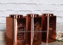 Set of 3 Pieces Decorative Tea Storage Box | Custom Logo Embossed Coffee  Tin Containers | Copper Plated Square Boxes With Lid