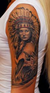 Designs inspired by native american art and motifs offer many ideas for modern tattoos. Attractive Indian Chief Female Tattoo On Left Half Sleeve Native American Tattoos Native American Tattoo Native Tattoos