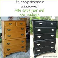 Only dip the tips of your bristled brush into the paint can and begin painting the sides of your chest of drawers. A Dresser Makeover With Spray Paint Green With Decor Dressers Makeover Diy Dresser Dresser Makeover