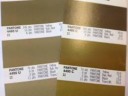 pantone gold printed on right c coated stock and u left