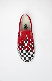 Black And White Checkered Vans With Red Flames Checker Flame Classic Slip On Shoes Slip On Shoes On Shoes Vans Checkered