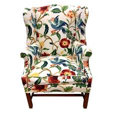 Brown contemporary faux leather ottoman with metal base. Crewelwork Floral And Bird Print Upholstered Mahogany Wingback Chair At 1stdibs