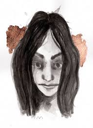 Original Signed Sumi Ink Brush Painting With Copper Leaf