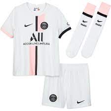 The color of the away kit is white. Paris Saint Germain Away Stadium Kit 2021 22 Infants