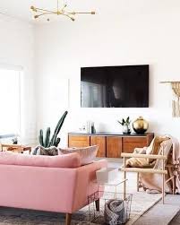 Rustic Chic Living Room Pink Sofa Gold Statement Light Mid Century Modern Living Room Design Inspiration Apartment Living Room Minimalist Living Room