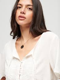 Superdry Short Sleeve Embroidered Button Top, Ecru