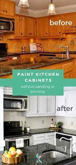We have 9 foot ceilings in this part of the kitchen therefore making our cabinets look especially low. How To Paint Kitchen Cabinets Without Sanding Or Priming Step By Step Kitchen Diy Makeover Painting Kitchen Cabinets Kitchen Cabinets Before And After
