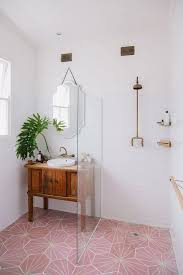 Scandinavian Bathroom With Patterned Pink Floor Tile And Walk In Shower Scandinavian Bathroom Bathroom Inspiration Bathroom Design