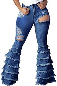 See more ideas about bell bottoms, fashion, wide leg jeans. Senight Women Bell Bottom Jeans Elastic Waist Ripped Flared Jean Destroyed Raw Hem Denim Pants At Amazon Women S Jeans Store