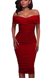 Get Your Bardot On In This Figure Flattering Dress Featuring A Foldover Wrap Style Off The Should Elegant Bodycon Dress Midi Dress Bodycon Midi Sheath Dress