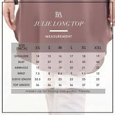 Bella Ammara Julie Long Top Measurement Chart Womens
