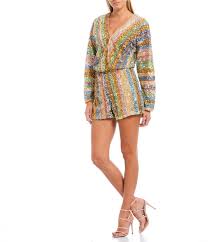 Endless Rose Faux Wrap Long Sleeve Rainbow Striped Allover Sequins Romper
