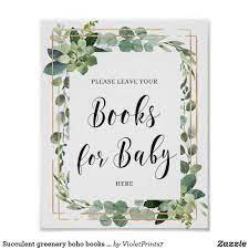 Succulent Greenery Boho Books For Baby Sign Zazzle Com Spring Baby Shower Bohemian Baby Shower Green Baby Shower
