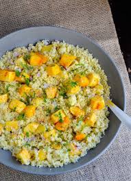 Add a drizzle of extra virgin olive oil and a pinch of kosher salt. Coconut Mango Couscous Salad Ideas For A Tropical Fall Party Menu Couscous Salad Recipes Couscous Salad Dinner Party Salad