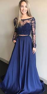 Sparkly Navy Blue Lace Long Sleeve A Line Formal Prom Dress Two Pieces Evening Dress Ohc369 Prom Dresses Long With Sleeves Prom Dresses Long Lace Prom Dresses Long Blue