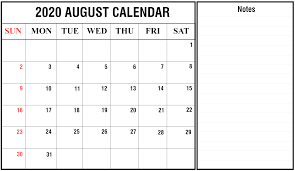 2020 August Calendar With Notes August Calendar Calendar Printables Monthly Calendar Template
