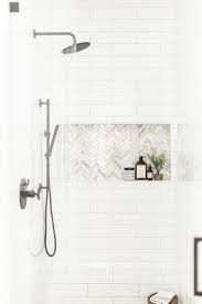 Modern Farmhouse Shower Design White Subway Tile And Herringbone Accent Farmhouse Shower Tiny House Bathroom Bathroom Design Decor