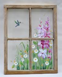 Painted Gladiolus Flower Window Hummingbird With Daisies Etsy In 2021 Painted Window Art Old Window Art Window Art
