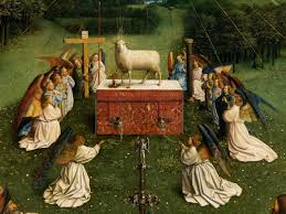 The Ghent Altarpiece: Adoration of the Mystic Lamb, detail of the Lamb with  kneeling Angels - Hubert and Jan Van Eyck — Google Arts & Culture