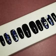 Press On Custom Black Galaxy Design Marbleized Medium Coffin Crystal Jewel Nail Toppers Coffin or ballerina nails are long ones with a square top, and these are the best ones to show off your nail designs and arts.