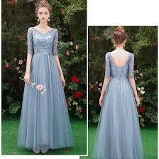 Affordable Sky Blue See Through Bridesmaid Dresses 2019 A Line Princess 1 2 Sleeves Sash Appliques Lace Floor Length Long Ruffle Wedding Party Dresses Bridesmaid Dresses With Sleeves Bridesmaid Dresses Long Blue Dusty