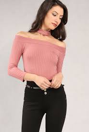 Welcome to h&m, your shopping destination for fashion online. Ribbed Off The Shoulder Choker Neck Top Shop Old Tee Knit Tops At Papaya Clothing