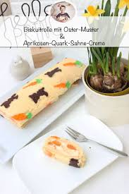 Biskuitrolle Mit Osterhasen Muster Mit Einer Aprikosen Quark Sahne Creme Rezept Ostern Kuchen Osterkuchen Biskuitrolle