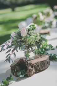 Pink and white centerpieces on wood slabs. Rustic Wedding Round Up Mason Jar Wedding Decor Rustic Chic Wedding Fresh Wedding Flowers