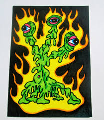 Aceo Atc Print Art Trading Card Flaming Three Eyed Monster In Top Loader Painting Art Projects Psychedelic Drawings Hippie Painting