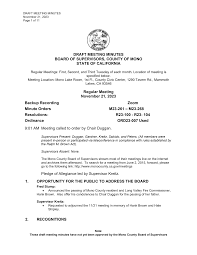 DRAFT MEETING MINUTES BOARD OF SUPERVISORS, COUNTY OF MONO STATE OF  CALIFORNIA Regular Meeting November 21, 2023 Backup Recordin
