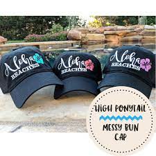 Beach High Ponytail Cap Beach Messy Bun Hat Aloha Beaches Etsy Aloha Beaches Messy Bun Hat Bun Hat
