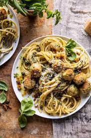 Zucchini Parmesan Chicken Meatballs With Lemon Pasta Carbonara Recipe Half Baked Harvest Recipes Lemon Pasta Parmesan Zucchini