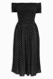 Black And White Spot Midi Dress Buy Black White Spot Shirred Off The Shoulder Midi Dress From The Next Uk Online Shop Womens Midi Dresses Dresses Knee Dress
