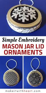 Counted cross stitch christmas, holiday bell, in plastic round canning jar lid, frame. Diy Embroidered Mason Jar Lid Ornaments Free Blackwork Embroidery Patterns