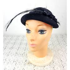 Vintage 1940s Glenover Henry Pollak Black Bow Feather Rollup Bowler Wool Hat