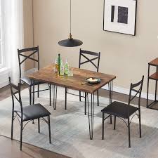 Wood and metal dining table set. Vecelo 5 Piece Wood And Metal Dining Table Set Dining Room Table With 4 Chairs Brown Walmart Com Walmart Com