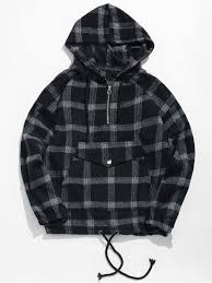 Black And White Tie Dye Zip Up Hoodie Half Zipper Pocket Plaid Hoodie Black M