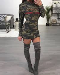 Stylish Camouflage Print Casual Hoodie Dress Hoodie Dress Mini Dress Casual Camouflage Outfits