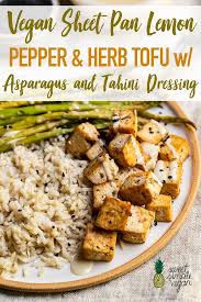 Sheet Pan Lemon Pepper Herb Tofu With Asparagus And Tahini Dressing Sweet Simple Vegan Recipe Stuffed Peppers Sheet Pan Recipes Vegan Recipes Easy